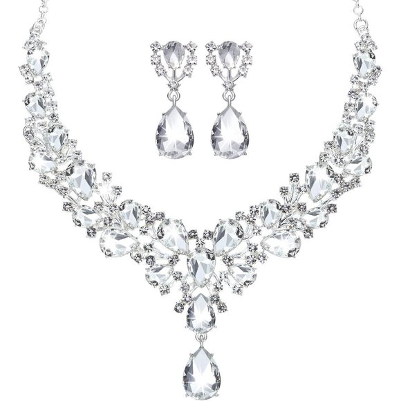 Women's Necklace Earrings Bridal Teardrop Cluster Crystal Jewelry Set Wedding - Picture 1 of 6